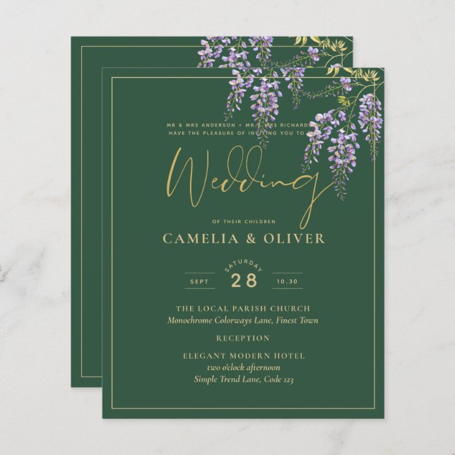 Lámina LeahG Green Purple Gold WISTERIA Wedding INVITE (Anverso / Reverso)