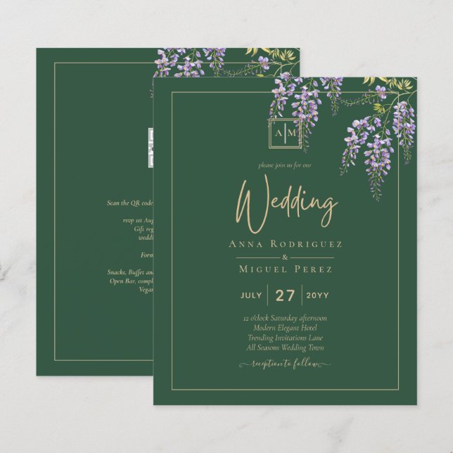 Lámina LeahG Green Purple WISTERIA Wedding INVITE (Anverso / Reverso)