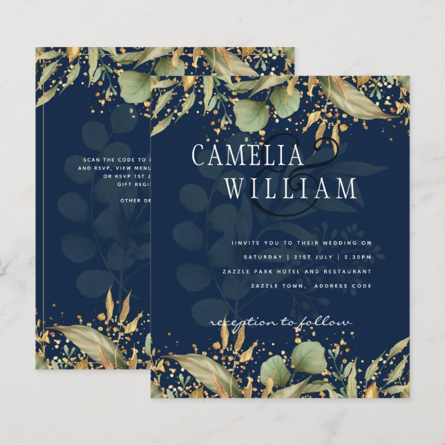 Lámina LeahG Greenery deja la invitación a la Boda Azul d (Anverso / Reverso)