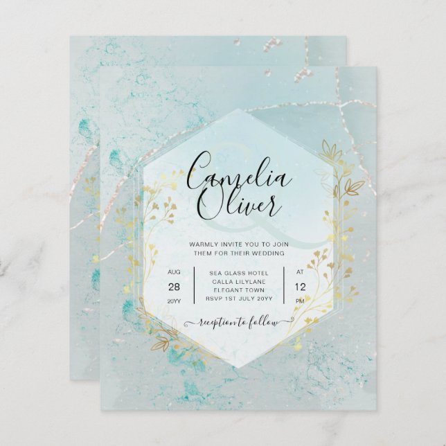 Lámina LeahG INK Sea Glass Turquoise Gold Aqua INVITE (Anverso / Reverso)