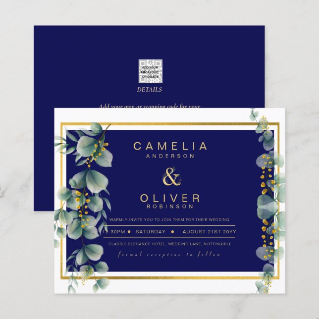 Lámina LeahG NAVY AZUL GOLD Greenery Eucalyptus Boda (Anverso / Reverso)