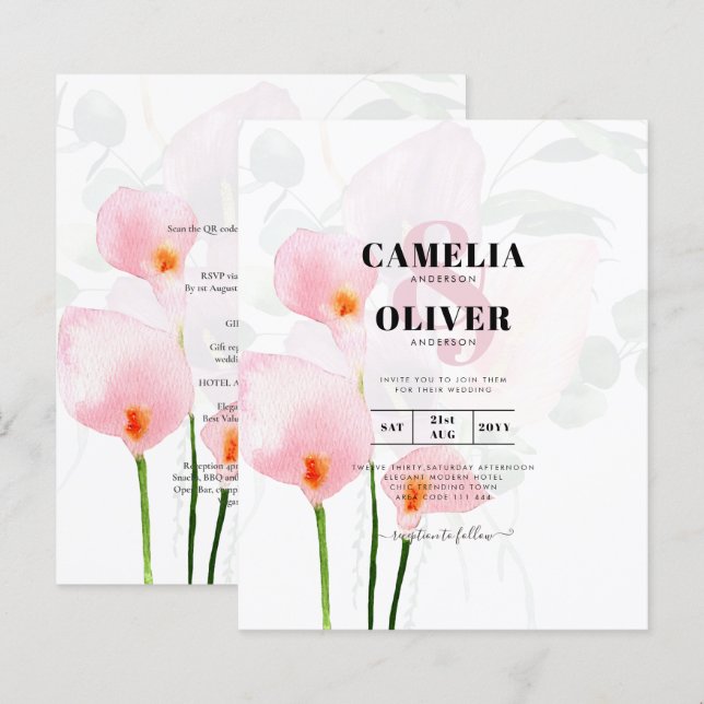 Lámina LeahG Pink Calla Lily Floral Wedding Invite allin1 (Anverso / Reverso)