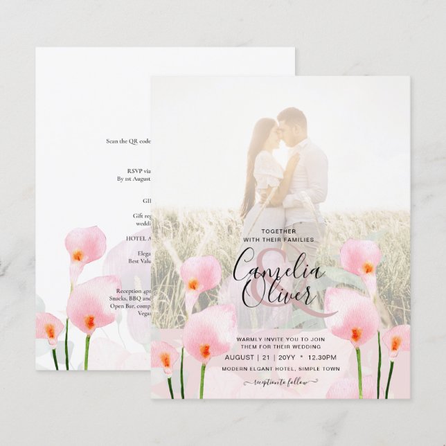 Lámina LeahG Pink Calla Lily FOTO Overlay Wedte Invite de (Anverso / Reverso)