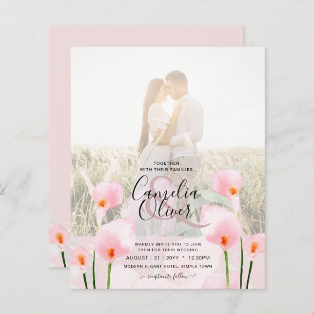 Lámina LeahG Pink Calla Lily FOTO Overlay Wedte Invite de (Anverso / Reverso)