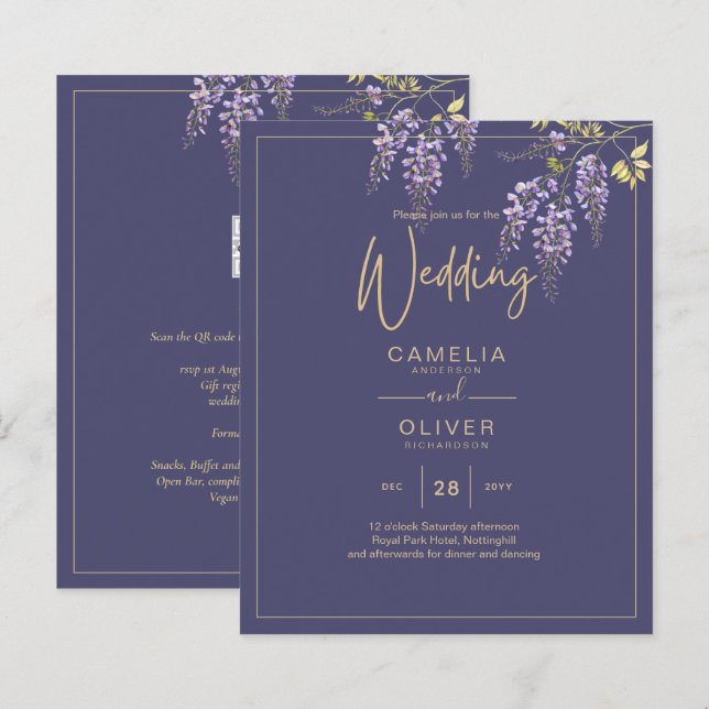 Lámina LeahG Purple Gold WISTERIA Floral Wedding INVITE (Anverso / Reverso)