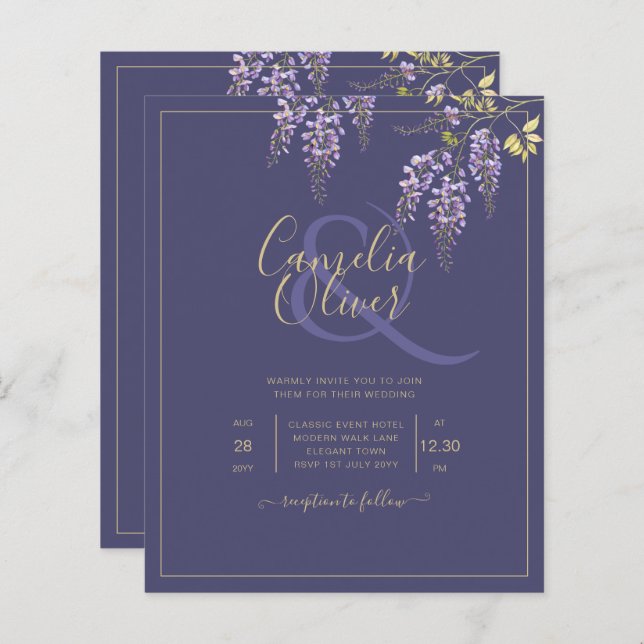 Lámina LeahG Purple Gold WISTERIA Floral Wedding INVITE (Anverso / Reverso)