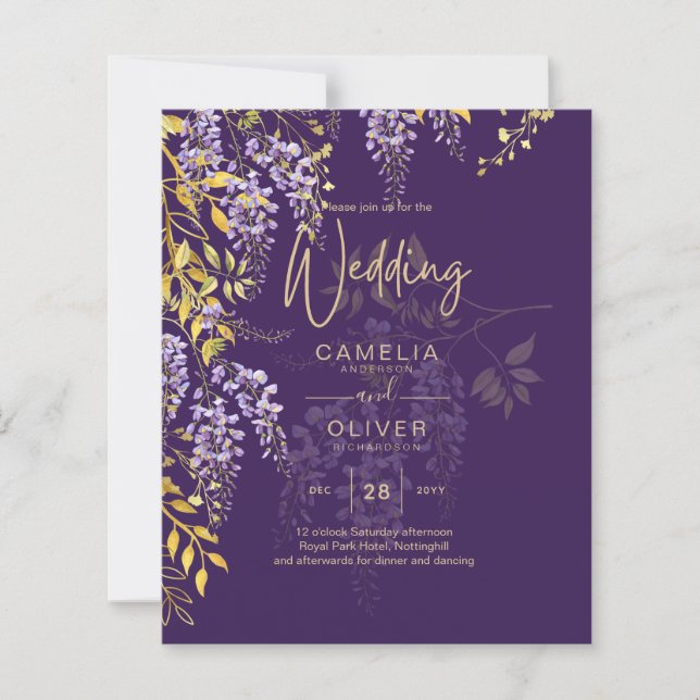 Lámina LeahG Purple Gold WISTERIA Floral Wedding INVITE (Anverso)