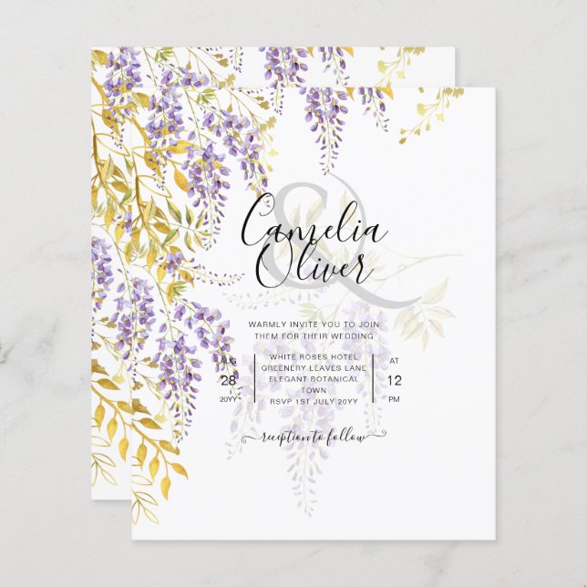 Lámina LeahG Purple Gold WISTERIA Floral Wedding INVITE (Anverso / Reverso)