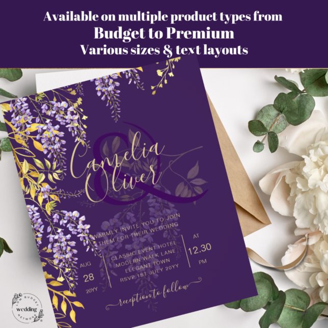 Lámina LeahG Purple Gold WISTERIA Floral Wedding INVITE (Subido por el creador)