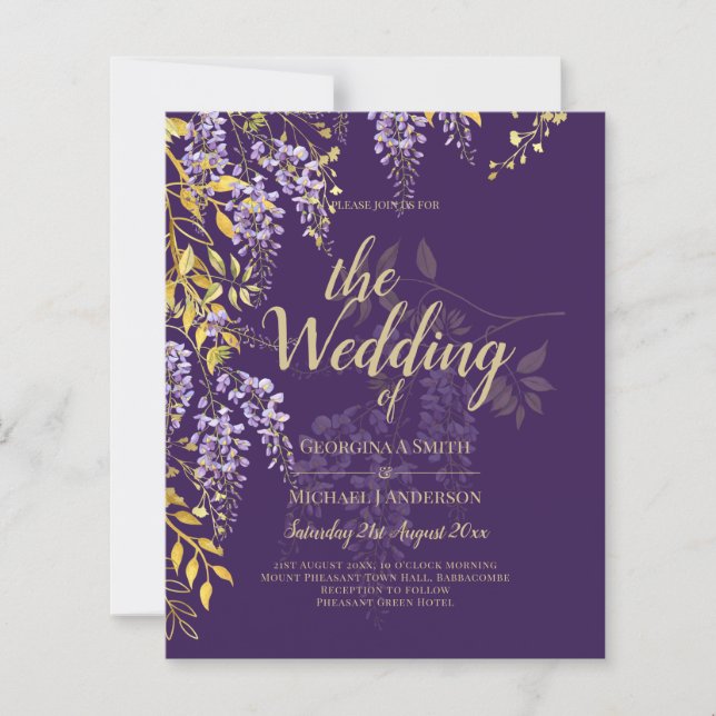 Lámina LeahG Purple Gold WISTERIA Floral Wedding INVITE (Anverso)