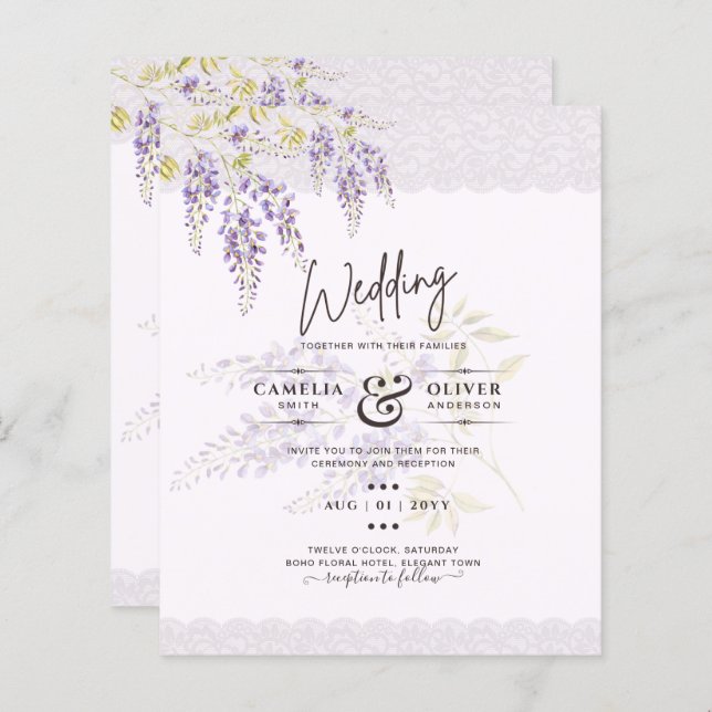Lámina LeahG Purple WISTERIA Lace Floral Wedding INVITE (Anverso / Reverso)