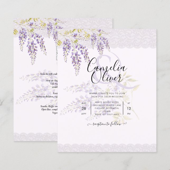 Lámina LeahG Purple WISTERIA Lace Floral Wedding INVITE (Anverso / Reverso)