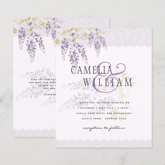 Lámina LeahG Purple WISTERIA Lace Floral Wedding INVITE (Anverso / Reverso)