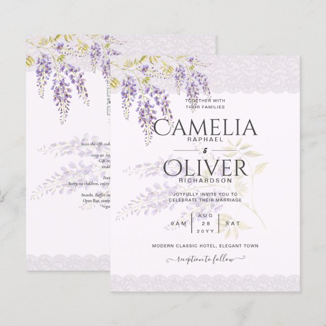 Lámina LeahG Purple WISTERIA Lace Floral Wedding INVITE (Anverso / Reverso)