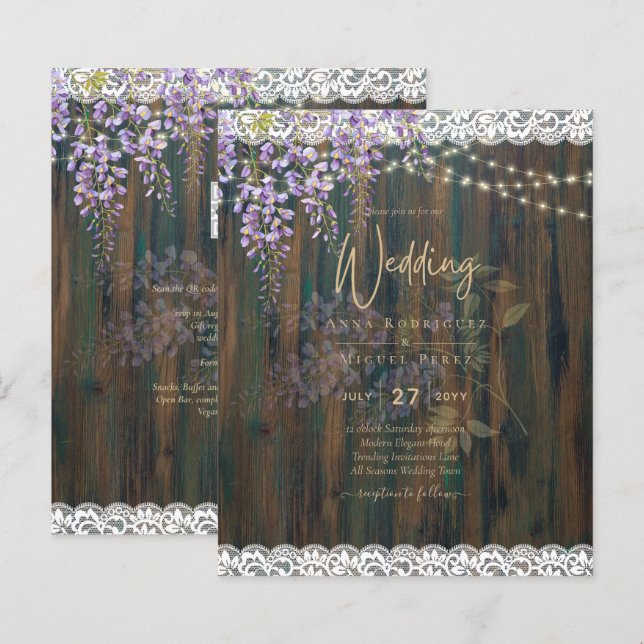 Lámina LeahG Rustic WISTERIA Lace Floral Wedding INVITE (Anverso / Reverso)