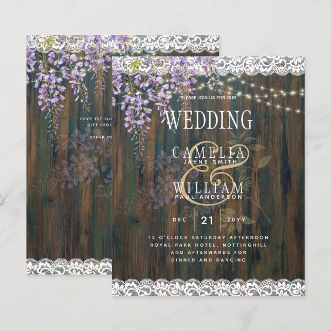 Lámina LeahG Rustic WISTERIA Lace Floral Wedding INVITE (Anverso / Reverso)