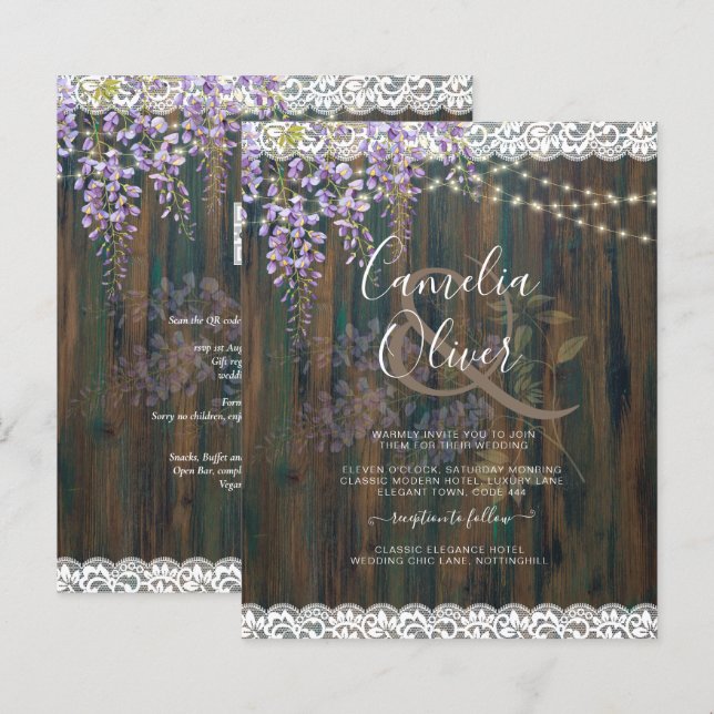 Lámina LeahG Rustic WISTERIA Lace Floral Wedding INVITE (Anverso / Reverso)
