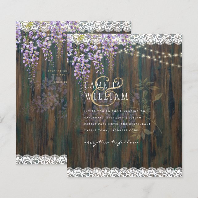Lámina LeahG Rustic WISTERIA Lace Floral Wedding INVITE (Anverso / Reverso)