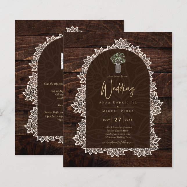 Lámina LeahG Rústico Lace Gypsophila Wood Wedding INVITE (Anverso / Reverso)