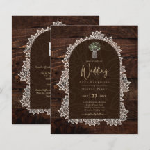 LeahG Rústico Lace Gypsophila Wood Wedding INVITE