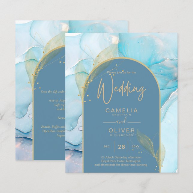 Lámina LeahG Sea Glass Gold Ink Aqua Blue Wedding INVITE (Anverso / Reverso)