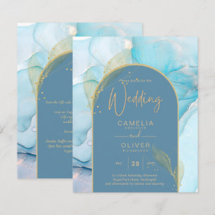 Lámina LeahG Sea Glass Gold Ink Aqua Blue Wedding INVITE