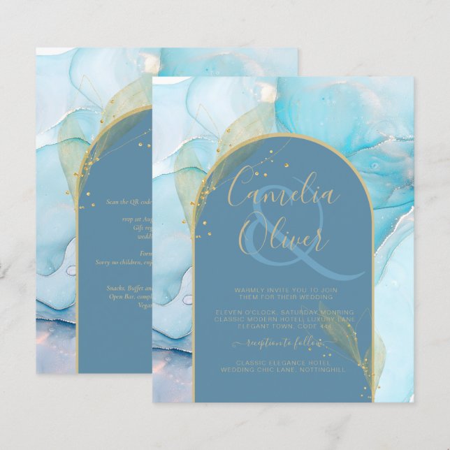Lámina LeahG Sea Glass Gold Ink Aqua Blue Wedding INVITE (Anverso / Reverso)