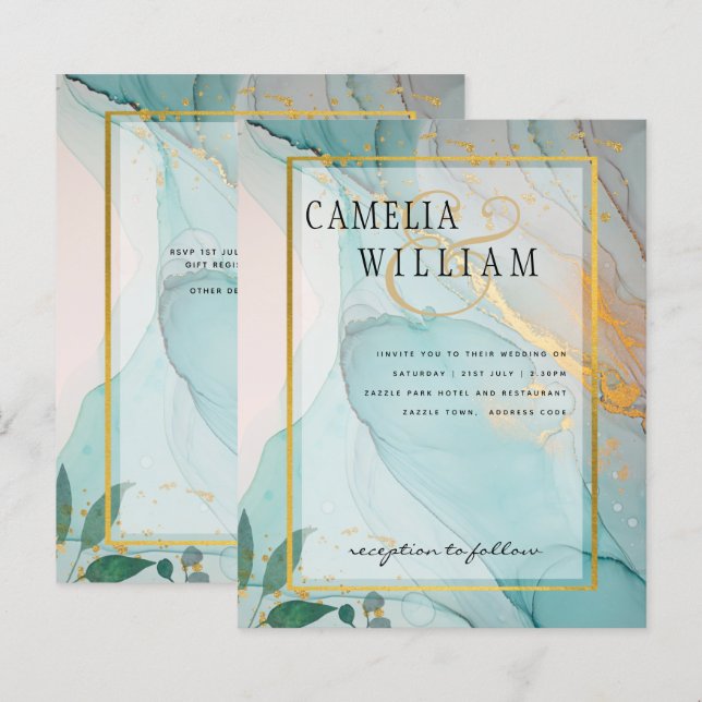 Lámina LeahG Sea Glass Verde azulado Gold INVITE (Anverso / Reverso)