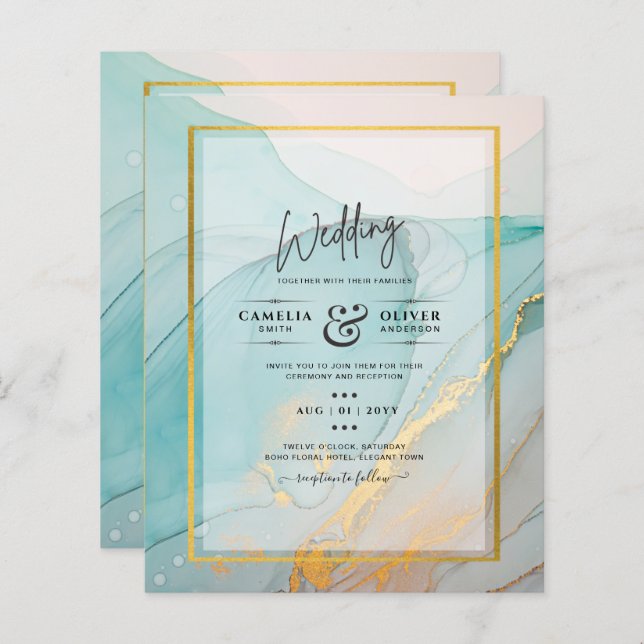 Lámina LeahG Sea Glass Verde azulado Gold INVITE (Anverso / Reverso)