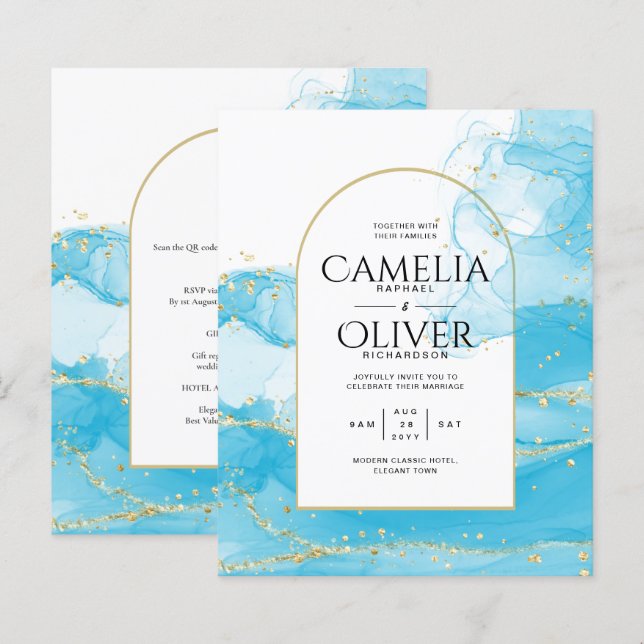 Lámina LeahG Turquoise Gold Aqua Blue Wedding INVITE (Anverso / Reverso)