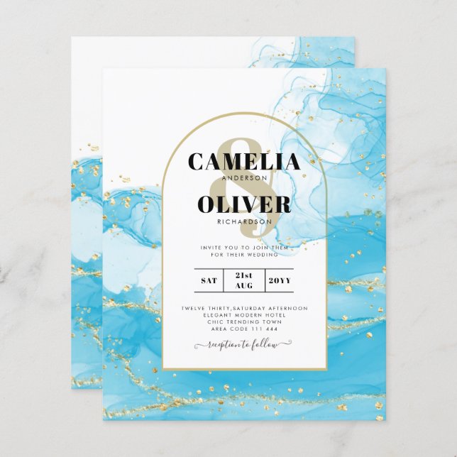 Lámina LeahG Turquoise Gold Aqua Blue Wedding INVITE (Anverso / Reverso)