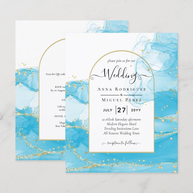Lámina LeahG Turquoise Gold Aqua Blue Wedding INVITE (Anverso / Reverso)