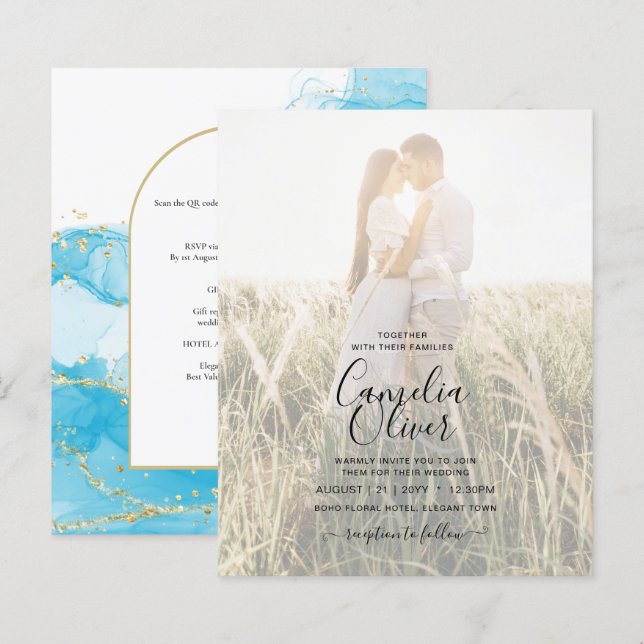 Lámina LeahG Turquoise Gold Aqua Blue Wedding INVITE (Anverso / Reverso)