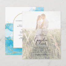 LeahG Turquoise Gold Aqua Blue Wedding INVITE