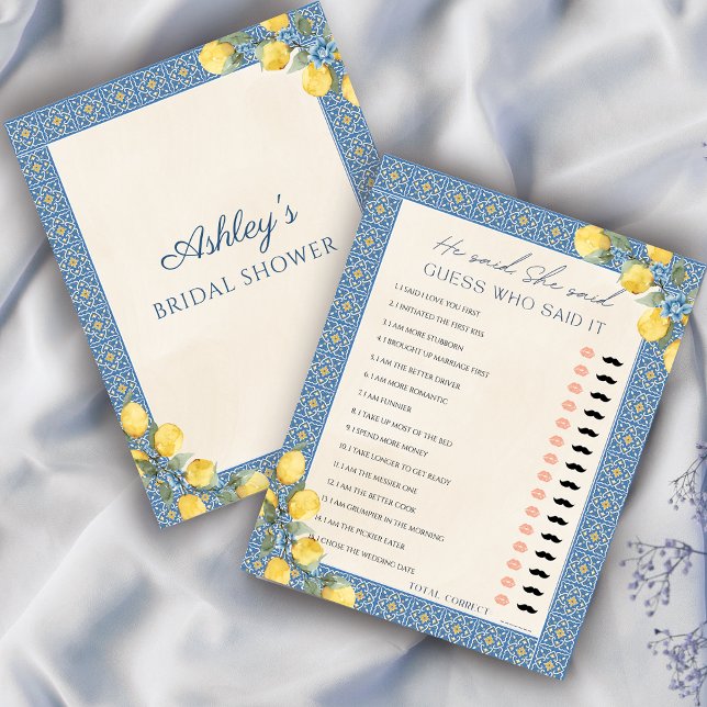 Lámina Lemon Blue Dijo Que Dijo Que Dijo Un Juego De Duch (That's Amore Lemon Italian Bridal Shower He Said She Said Game)