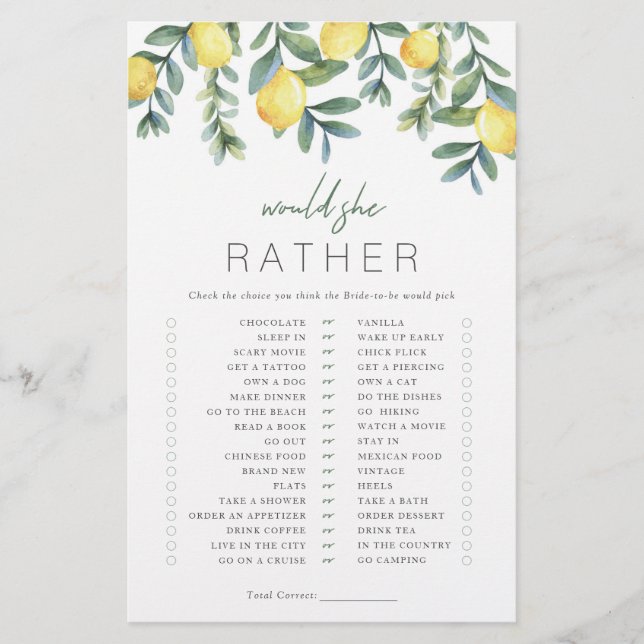 Lámina Lemon Bridal Shower Game (Anverso)