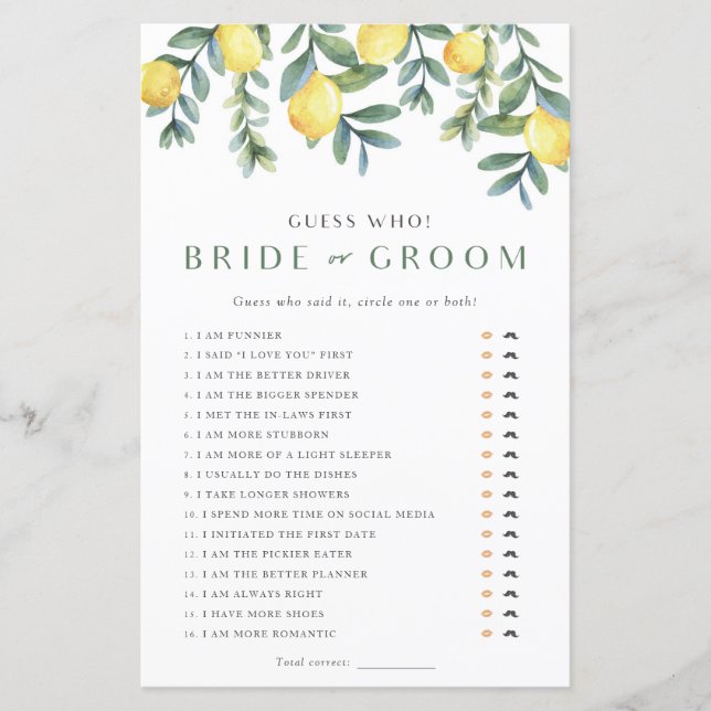 Lámina Lemon Bridal Shower Game Dijo que (Anverso)