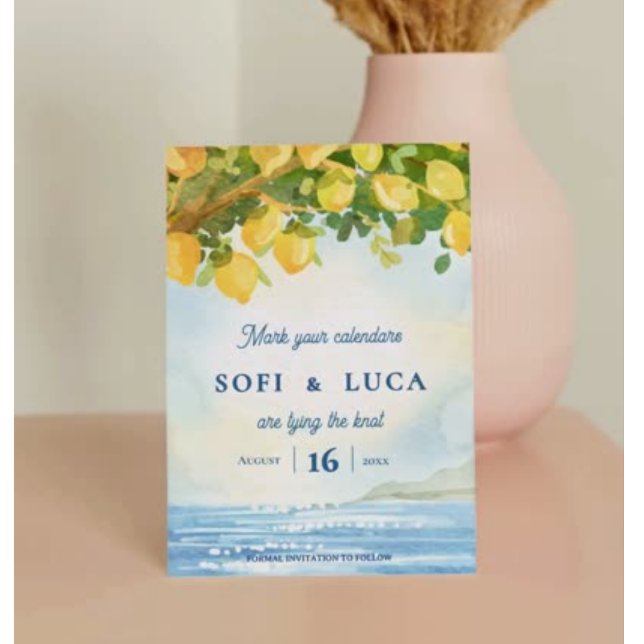 Lámina Lemon Grove Coastal Mediterranean Wedding (Mediterranean Lemon Grove Watercolor Save the Date | Coastal Destination Wedding Invitation)