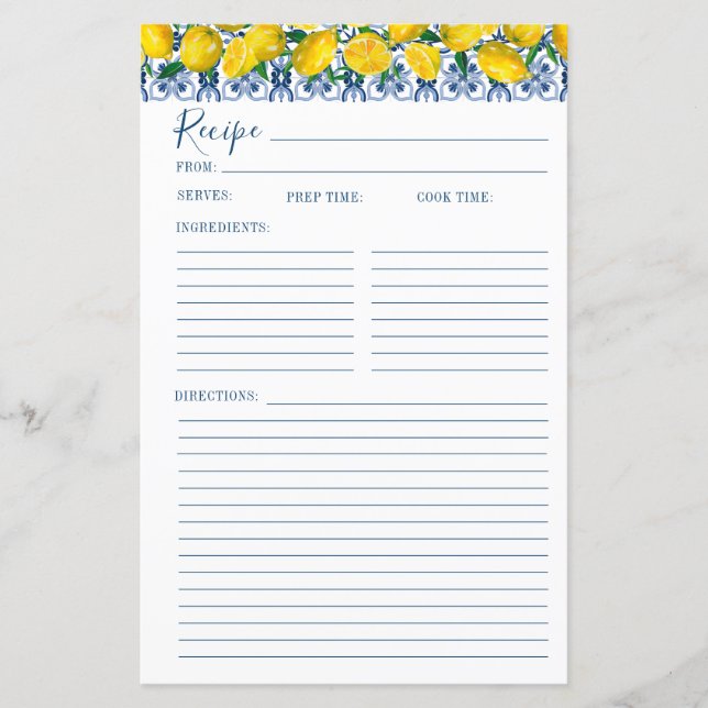 Lámina Lemon Italian Blue tile Bridal Shower Recipe Card (Anverso)
