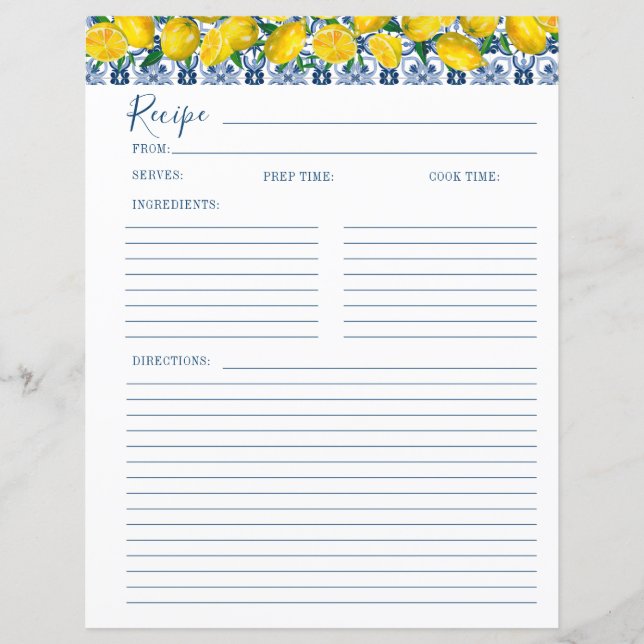Lámina Lemon Italian Blue tile Bridal Shower Recipe Card  (Anverso)