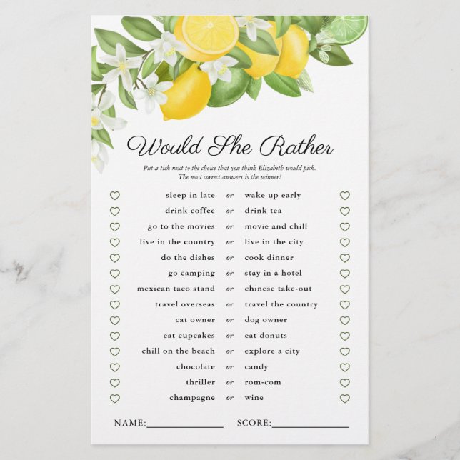 Lámina Lemon Lime Greenery Bridal Shower Game (Anverso)