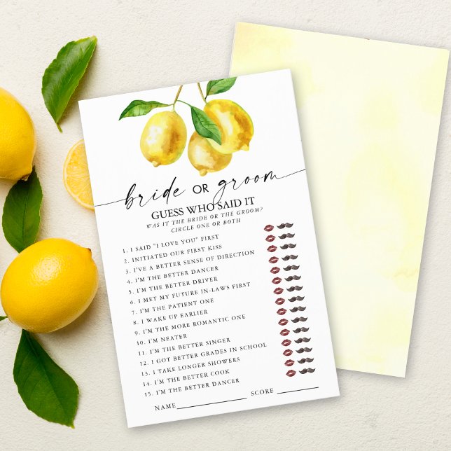 Lámina Lemon que dijo que juegos de duchas de novias (Entertain and delight your guests with our stylish lemon "Guess who said it" bridal shower game.)