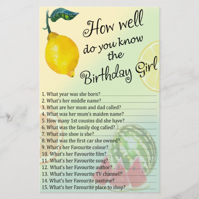 Lámina Lemon ¿Qué tan bien conoces al chica de cumpleaños (Anverso)
