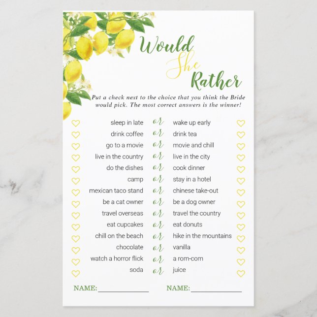 Lámina Lemon Them Bridal Shower preferiría jugar (Anverso)