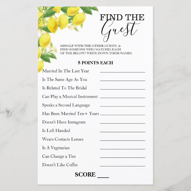 Lámina Lemon Theme Find The Guest Game Card (Anverso)