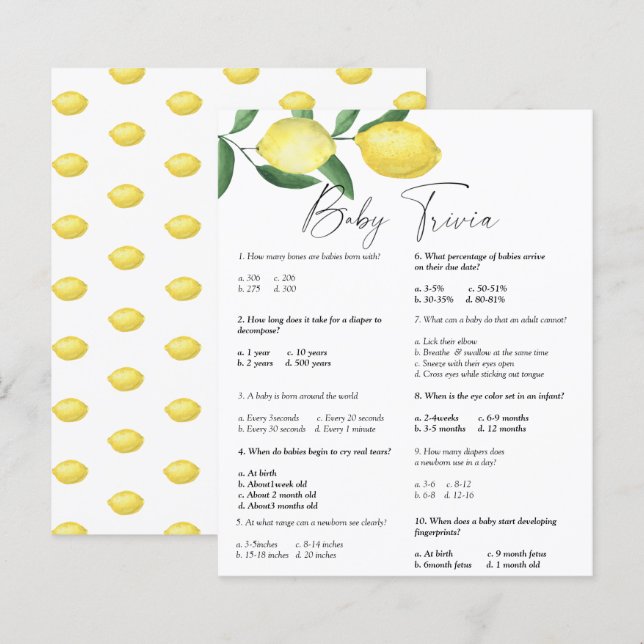Lámina Lemons - Baby Trivia | Juego Baby Shower (Anverso / Reverso)