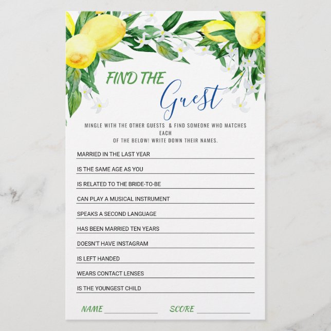Lámina Lemons Blossom Greenery Moda Bridal Shower Game (Anverso)
