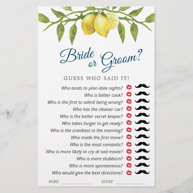 Lámina Lemons Blossom Greenery Moda Bridal Shower Game (Anverso)
