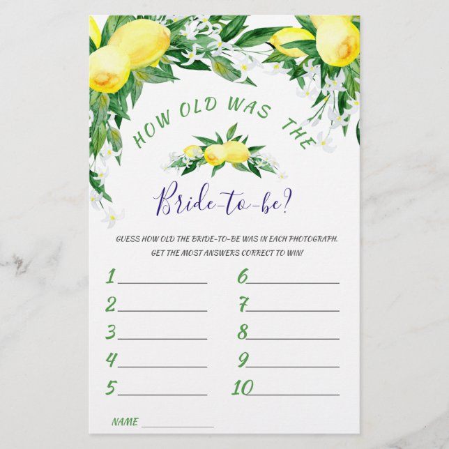 Lámina Lemons Blossom Greenery Moda Bridal Shower Game (Anverso)