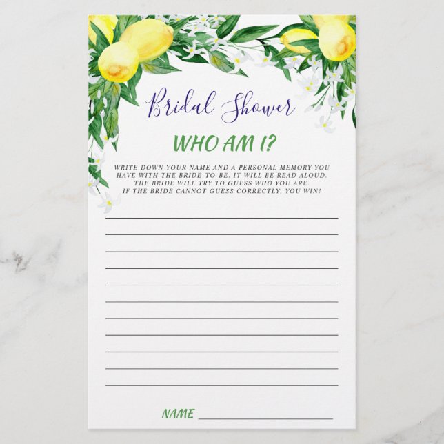 Lámina Lemons Blossom Greenery Moda Bridal Shower Game (Anverso)